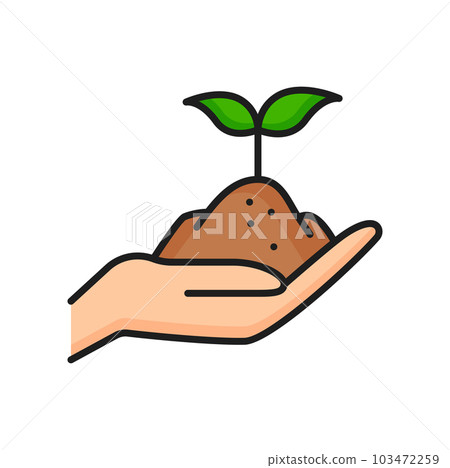 Growing plant in hand agriculture color line icon. Seedling cultivation outline vector pictogram with sprout in human palm, gardening or agriculture symbol. Seed grow, farming thin line icon 103472259