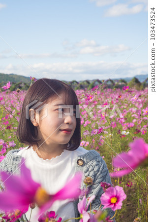 站立在波斯菊領域的婦女 103473524