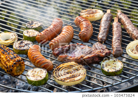 various grilled meat and vegetables various grilled meat and vegetables 103473824