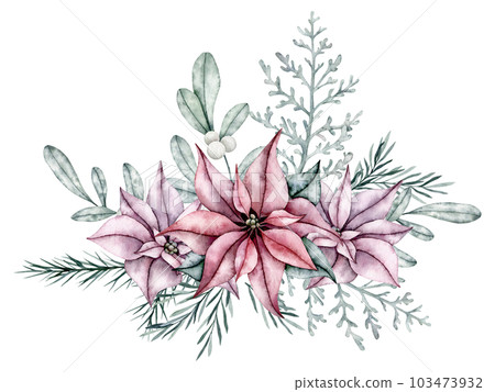 Christmas bouquet of red poinsettia flower, silver plant Dusty Miller, snowberry, waxberry, or ghostberry and emerald spruce branch, pine twig, evergreen tree, fir, cedar. Hand painted watercolor Christmas bouquet of red poinsettia flower, silver plant Dusty Miller, snowberry, waxberry, or ghostberry and emerald spruce branch, pine twig, evergreen tree, fir, cedar. Hand painted watercolor 103473932