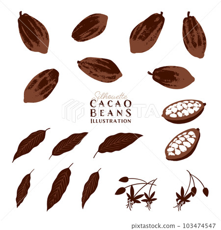 Cocoa beans, flowers and leaves silhouette illustration set 103474547