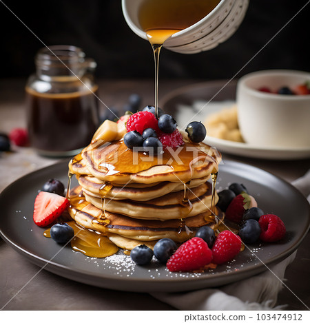 American pancakes with fresh berries in caramel syrup. Delicious breakfast 103474912