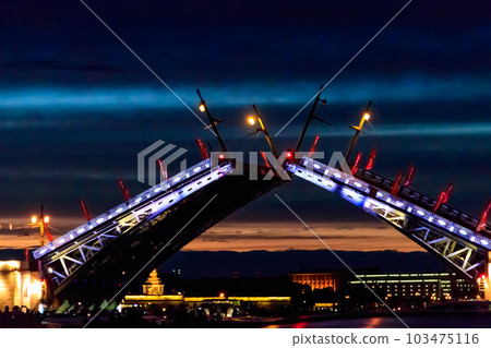 Opening of Palace drawbridge. Night view of Palace bridge from the Neva river in Saint Petersburg, Russia 103475116