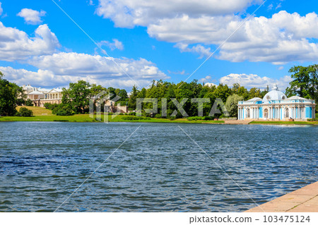 Grotto pavilion and Cameron gallery on a shore of Big Pond in Catherine park at Tsarskoye Selo in Pushkin, Russia Grotto pavilion and Cameron gallery on a shore of Big Pond in Catherine park at Tsarskoye Selo in Pushkin, Russia 103475124