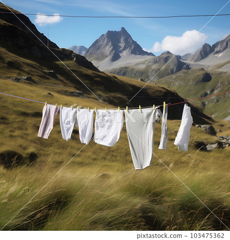 After washing, white clean laundry dries on a rope in a field against the backdrop of the Alpine mountains 103475362