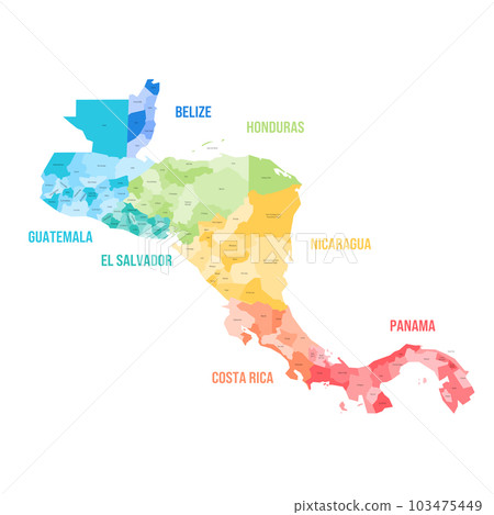 Countries of Central America - map with administrative divisions of Belize, Guatemala, Honduras, El Salvador, Nicaragua, Costa Rica and Panama. Colorful map with labels. Countries of Central America - map with administrative divisions of Belize, Guatemala, Honduras, El Salvador, Nicaragua, Costa Rica and Panama. Colorful map with labels. 103475449