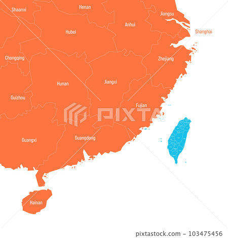 Political map of Taiwan and China focused on Taiwan and the nearest chinese provinces. Both countries with administrative divisions in different colors. Vector map with labels. Political map of Taiwan and China focused on Taiwan and the nearest chinese provinces. Both countries with administrative divisions in different colors. Vector map with labels. 103475456