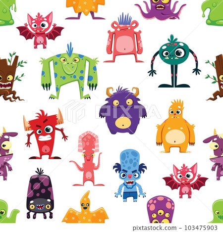 Cartoon monster characters seamless pattern, vector background with cute funny alien animals. Kids cartoon monster creatures, smiling beasts and bizarre mutants with troll, yeti and goblins pattern 103475903