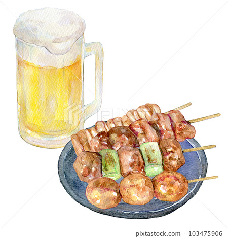 Yakitori and beer set watercolor illustration 103475906