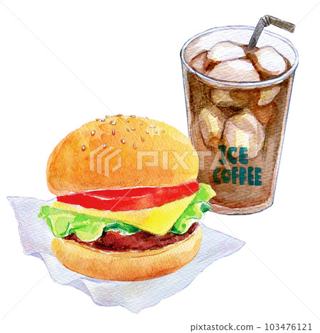 Hamburger and drink set watercolor illustration Hamburger and drink set watercolor illustration 103476121