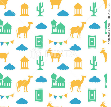 Happy Eid Al Adha Mubarak Seamless Pattern of Muslims Celebration with Sacrificial Animals in Template Hand Drawn Cartoon Flat Illustration 103476136