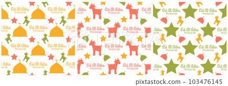 Set of Happy Eid Al Adha Mubarak Seamless Pattern of Muslims Celebration with Sacrificial Animals in Template Hand Drawn Cartoon Flat Illustration 103476145