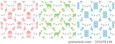 Set of Happy Eid Al Adha Mubarak Seamless Pattern of Muslims Celebration with Sacrificial Animals in Template Hand Drawn Cartoon Flat Illustration 103476146