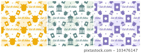 Set of Happy Eid Al Adha Mubarak Seamless Pattern of Muslims Celebration with Sacrificial Animals in Template Hand Drawn Cartoon Flat Illustration 103476147