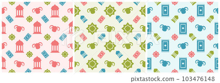 Set of Happy Eid Al Adha Mubarak Seamless Pattern of Muslims Celebration with Sacrificial Animals in Template Hand Drawn Cartoon Flat Illustration Set of Happy Eid Al Adha Mubarak Seamless Pattern of Muslims Celebration with Sacrificial Animals in Template Hand Drawn Cartoon Flat Illustration 103476148