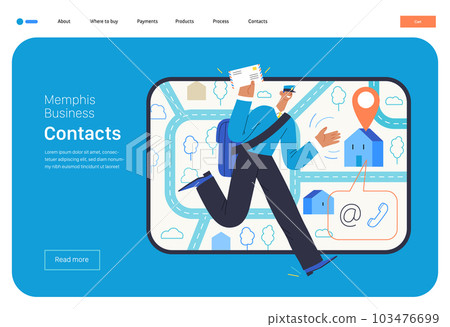 Memphis business illustration. Contacts -modern flat vector concept illustration of a postman running with a letter, tablet screen, map, location bubble, email, phone Commerce business sales metaphor. 103476699
