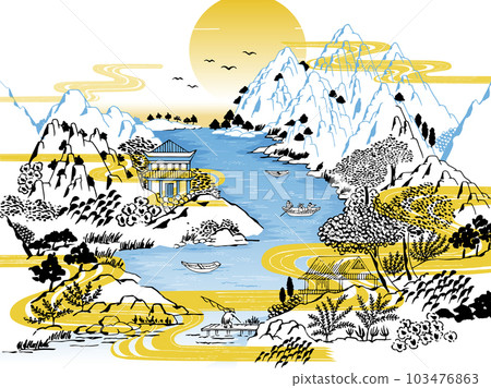 Illustration showing a charming landscape in Old Korea, with a river flowing through the mountains. Illustration showing a charming landscape in Old Korea, with a river flowing through the mountains. 103476863