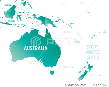 Australia and Oceania - high detailed political map of australian and pacific region with country, ocean and sea names labeling. 103477187
