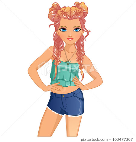 Braids and Buns Hairstyle Cute Cartoon Character Doll. Vector Illustration 103477307