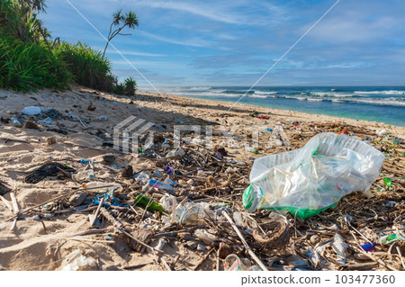 Ocean beach and plastic trash in Bali. Pollution by plastic rubbish on coastline Ocean beach and plastic trash in Bali. Pollution by plastic rubbish on coastline 103477360