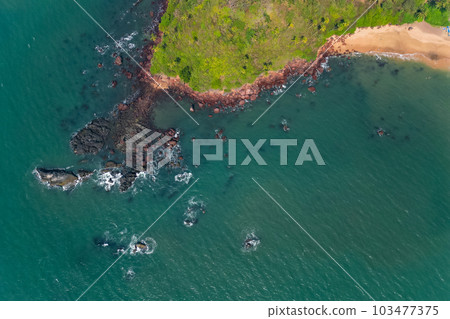 Aerial top view on tropical beach with green palm trees under sunlight Drone view in Goa Aerial top view on tropical beach with green palm trees under sunlight Drone view in Goa 103477375