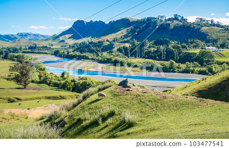 Beautiful landscape of Te Mata Peak and Tukituki river in Hawke's bay region of New Zealand. 103477541