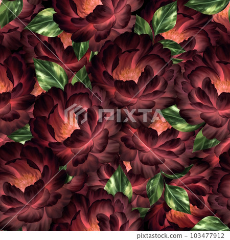 Seamless pattern of peony flowers, dark red peonies floral background. 103477912