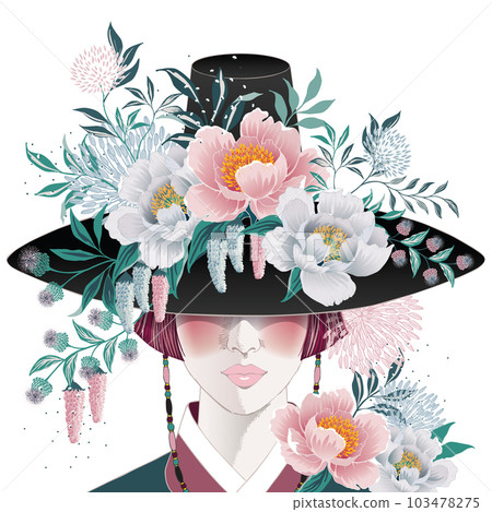 Vector illustration of a beautiful girl wearing a "Gat", Korean traditional hat decorating with flowers. Design for banner, poster, card, invitation and scrapbook Vector illustration of a beautiful girl wearing a "Gat", Korean traditional hat decorating with flowers. Design for banner, poster, card, invitation and scrapbook 103478275