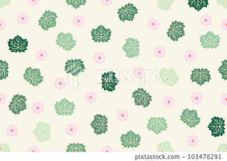 Illustration of the abstract leaves and pink flower on soft yellow background. 103478291