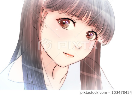 Line drawing color illustration of a girl with a relaxed & serious look Eyes = Brown No background Light lipstick No diagonal lines 103478434