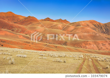 Beautiful view of cliffs from yellow red limestone. Kyrgyzstan. Beautiful view of cliffs from yellow red limestone. Kyrgyzstan. 103479074