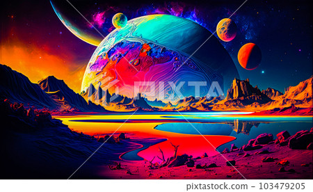 Painting of planet with mountains and planets in the background. Fantasy. Generative AI 103479205