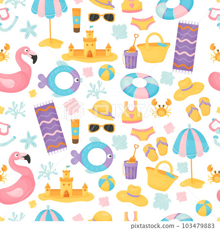 Seamless pattern with summer sea holiday attributes on white background. Beach vacation clothes and accessories, swimsuit, straw hat and flip flops, bag, rubber ring, shells. Vector illustration. 103479883