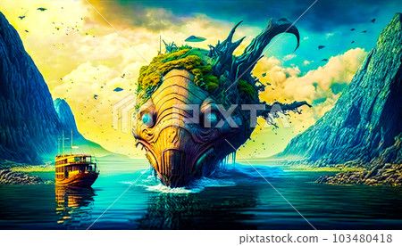 Strange looking creature floating in the water. Fantasy. Generative AI Strange looking creature floating in the water. Fantasy. Generative AI 103480418
