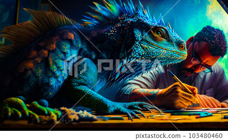 Man sitting at table writing on piece of paper next to large. Fantasy. Generative AI Man sitting at table writing on piece of paper next to large. Fantasy. Generative AI 103480460