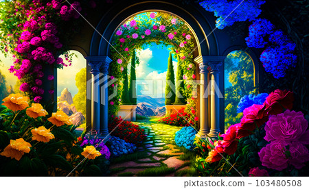 Painting of garden with flowers and trees. Fantasy. Generative AI 103480508