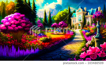 Painting of garden with flowers and house. Fantasy. Generative AI 103480509