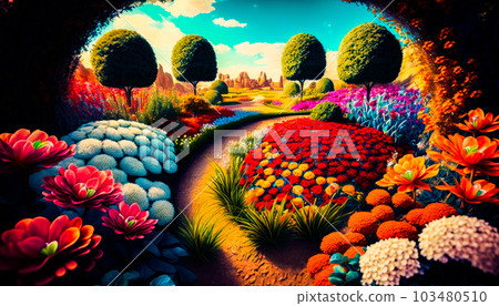Painting of garden with flowers and trees. Fantasy. Generative AI 103480510