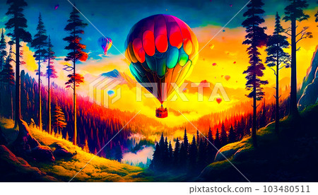 Painting of hot air balloon flying over forest. Fantasy. Generative AI 103480511