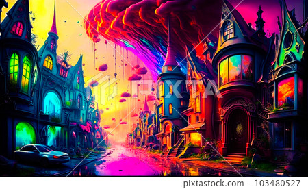 Painting of city with lot of buildings. Fantasy. Generative AI Painting of city with lot of buildings. Fantasy. Generative AI 103480527