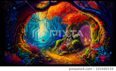 Painting of colorful forest with pathway. Fantasy. Generative AI 103480539