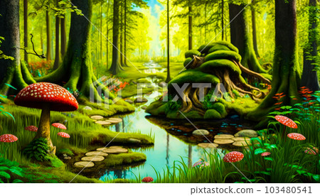 Painting of forest with mushrooms and stream. Fantasy. Generative AI 103480541