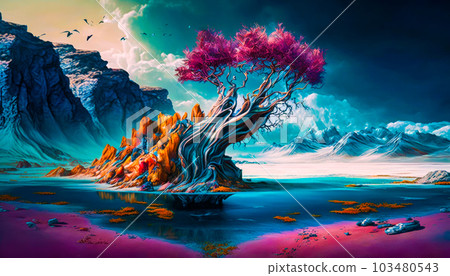 Painting of tree in the middle of body of water. Fantasy. Generative AI 103480543