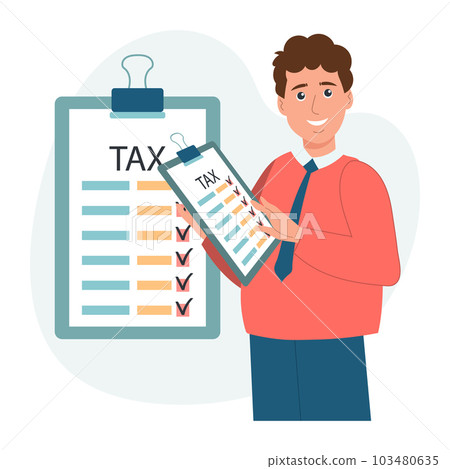 Tax declaration illustration. Character male preparing documents for tax calculation, making income tax return and calculating business invoices. Taxation concept. Vector. 103480635