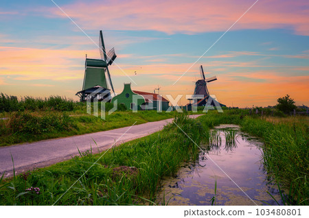 Sunset above farm houses and windmills of Zaanse Schans 103480801