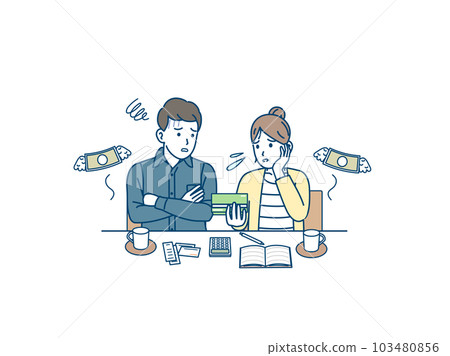 一對陷入困境的夫婦的例證,因為他們有很多開支和付款,無法存錢 一對陷入困境的夫婦的例證,因為他們有很多開支和付款,無法存錢 103480856