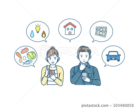 Men and women checking living expenses and payments on smartphones Reviewing and grasping household budgets Men and women checking living expenses and payments on smartphones Reviewing and grasping household budgets 103480858