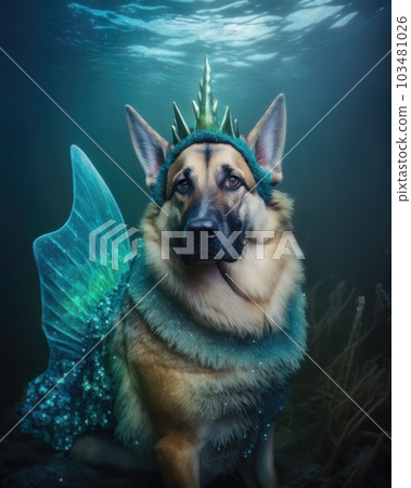 AI generated German shepherd in a mermaid costume for Halloween party 103481026