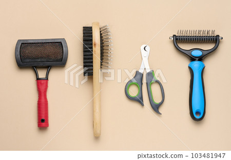 Cat and dog grooming brush and nail clippers, top view Cat and dog grooming brush and nail clippers, top view 103481947