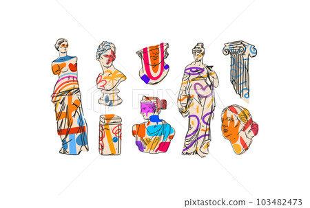 Hand drawn vector abstract outline,graphic,contemporary greek ancient sculpture statues and columns line set.Antique classic statue in trendy graffity style,outline design concept.Sculpture art set. 103482473